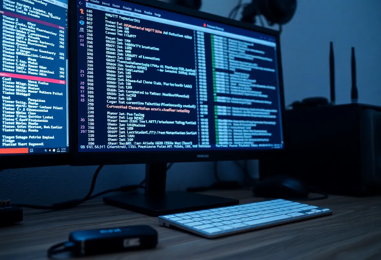 MQTT logs and a USB radio stick on a homelab desk