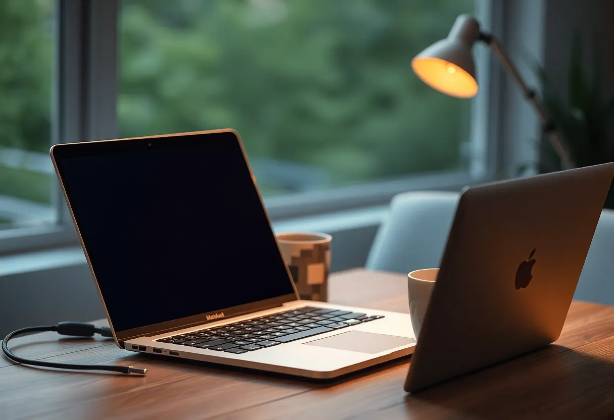 Morning laptop and coffee with a generated diff on the screen