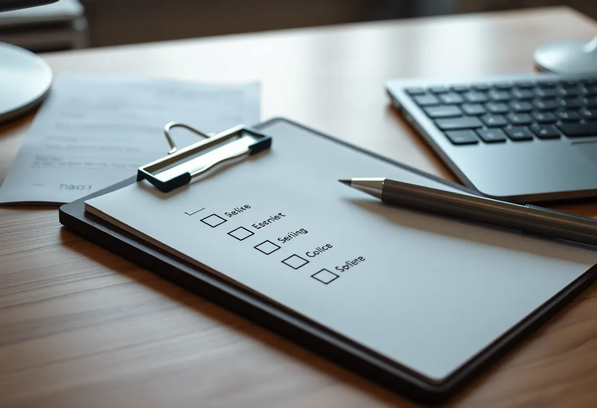 Clipboard checklist beside a keyboard on an office desk