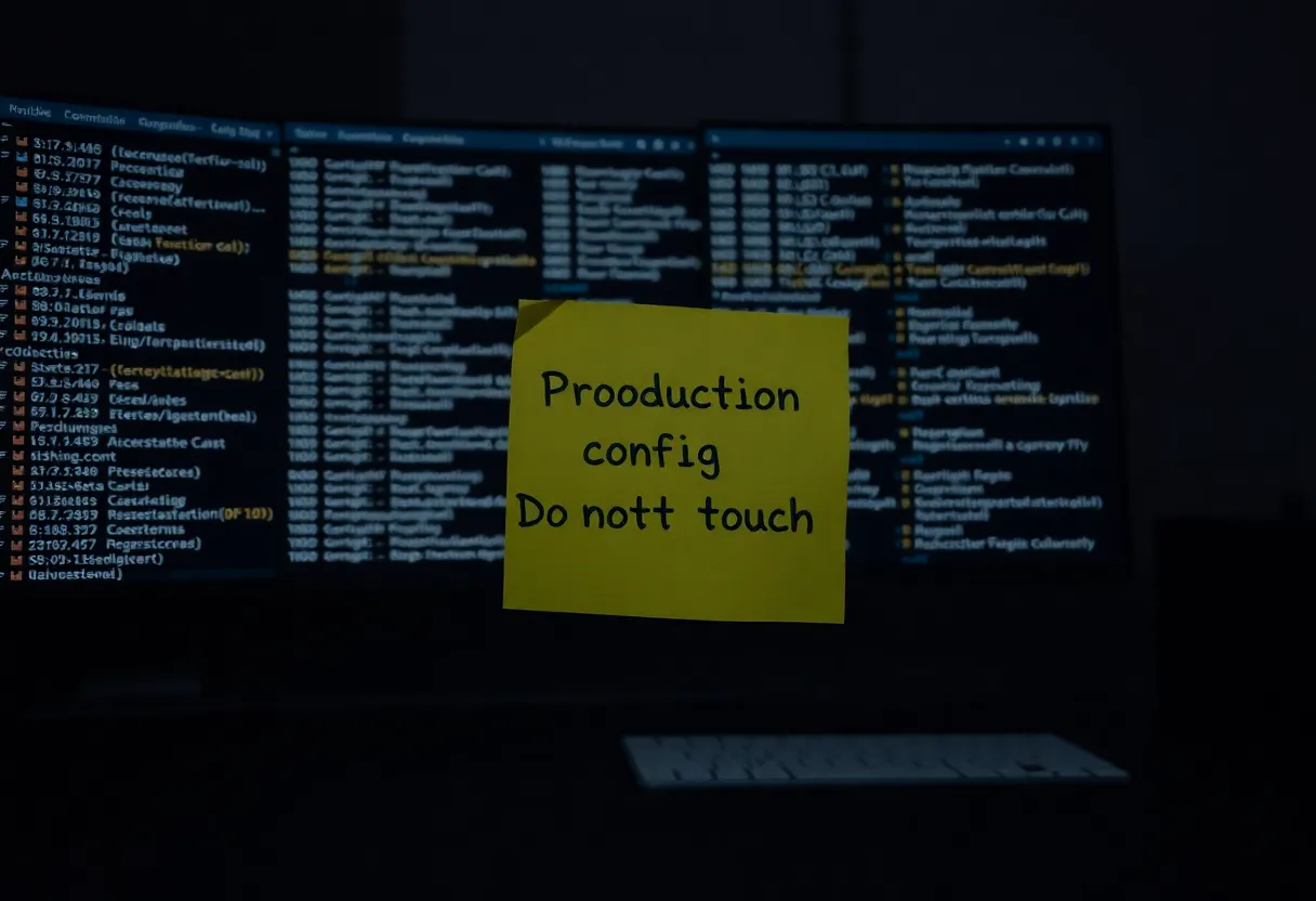 Production config files with a do-not-touch note on a dark desk