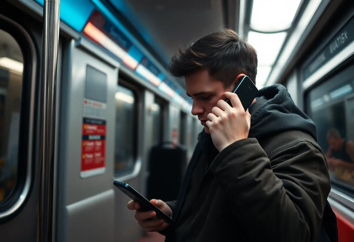 Phone spinner in a subway carriage, commuter waiting on a fetch