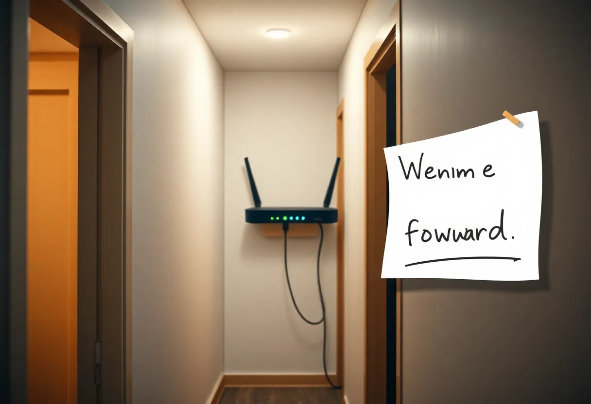 A consumer router in a closet with a handwritten port-forward note
