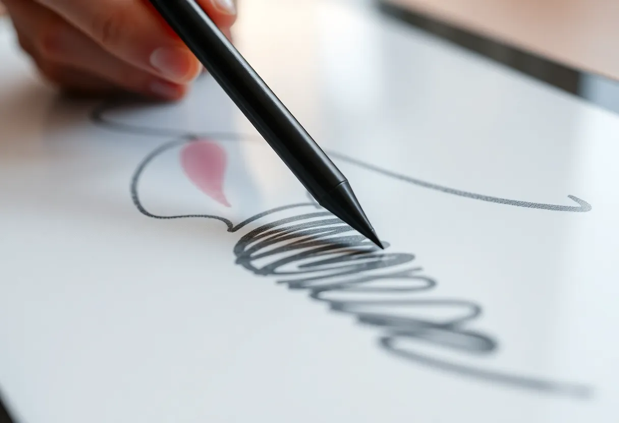 Close-up of a stylus writing on an e-ink tablet with paper-like texture