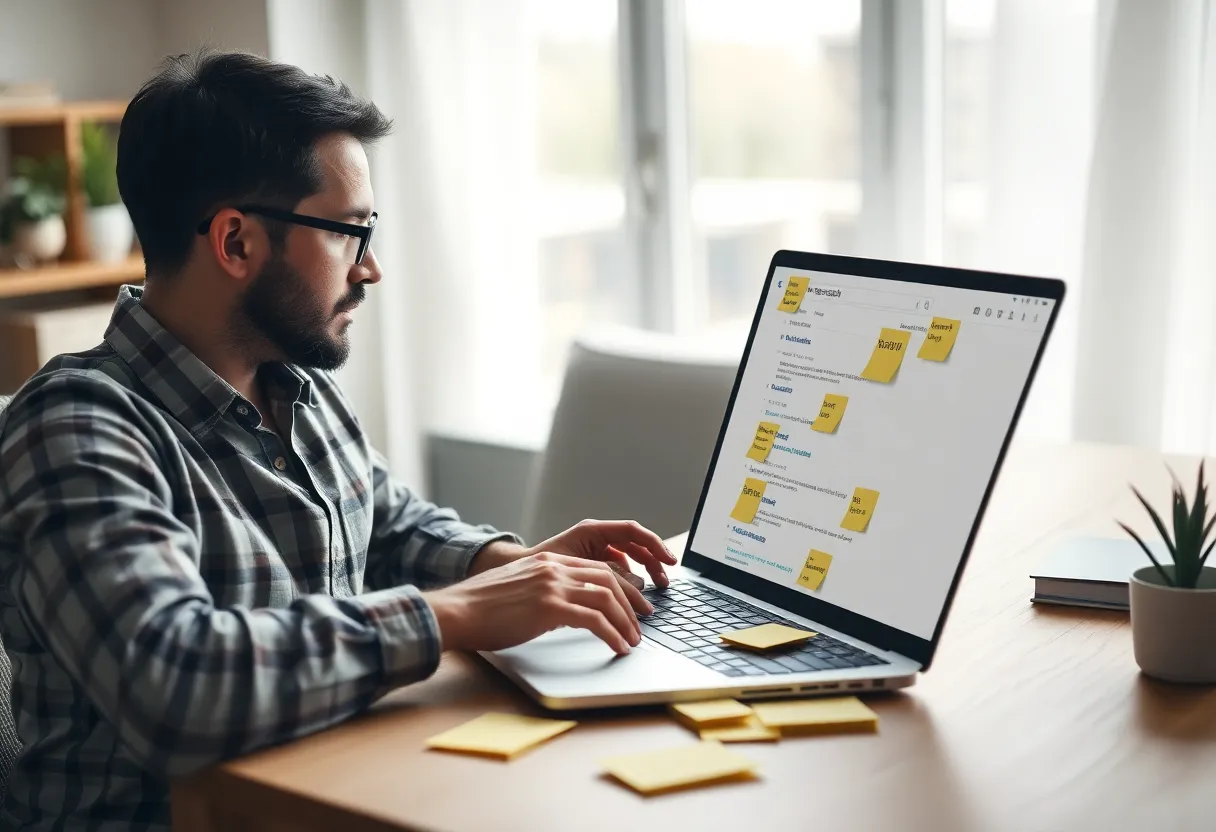 Developer reviewing search ranking notes on a laptop