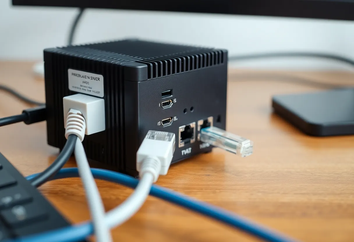 Mini PC and ethernet cables on a wooden homelab desk