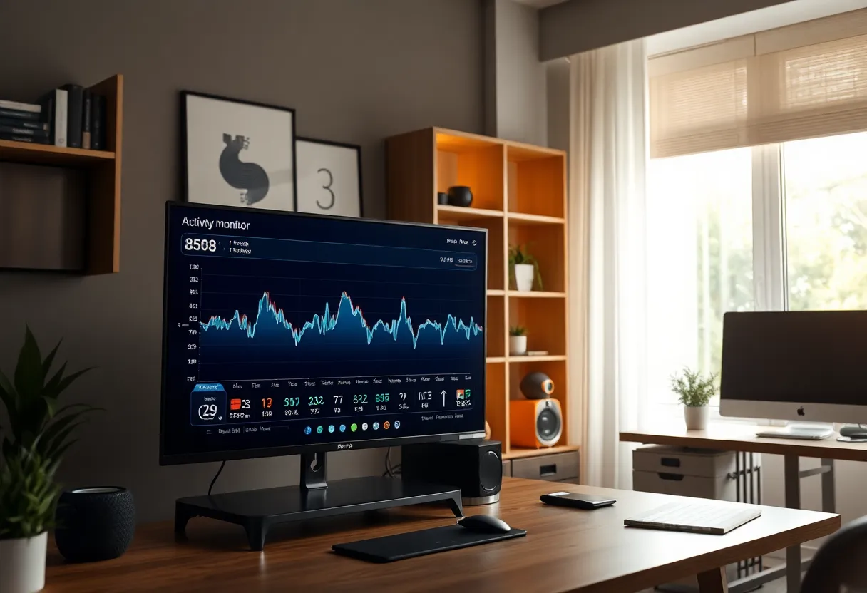 Memory pressure visible on a desktop display in a home office