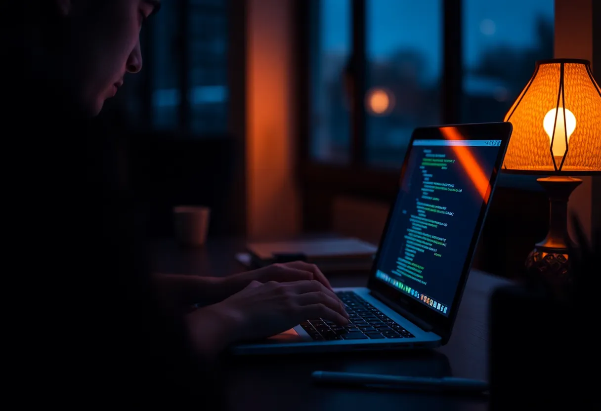Person working on a MacBook at night in a home office