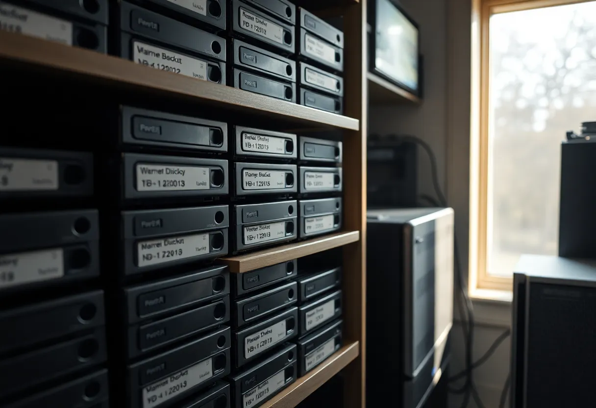 A shelf of labeled backup hard drives next to a home NAS