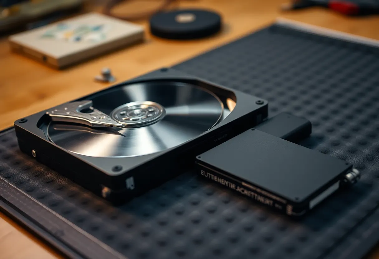 A failed hard drive next to a replacement SSD on an anti-static mat
