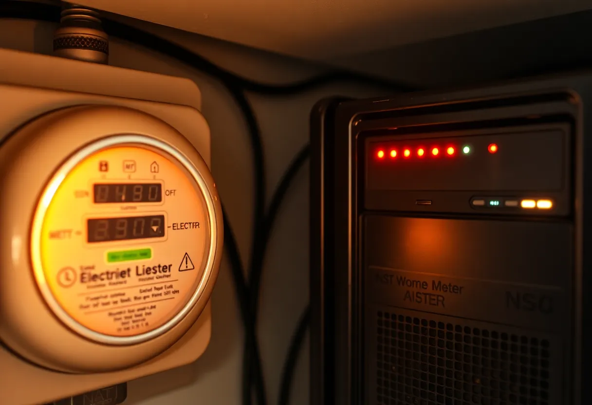 Home electric meter near a NAS with blinking lights in a closet