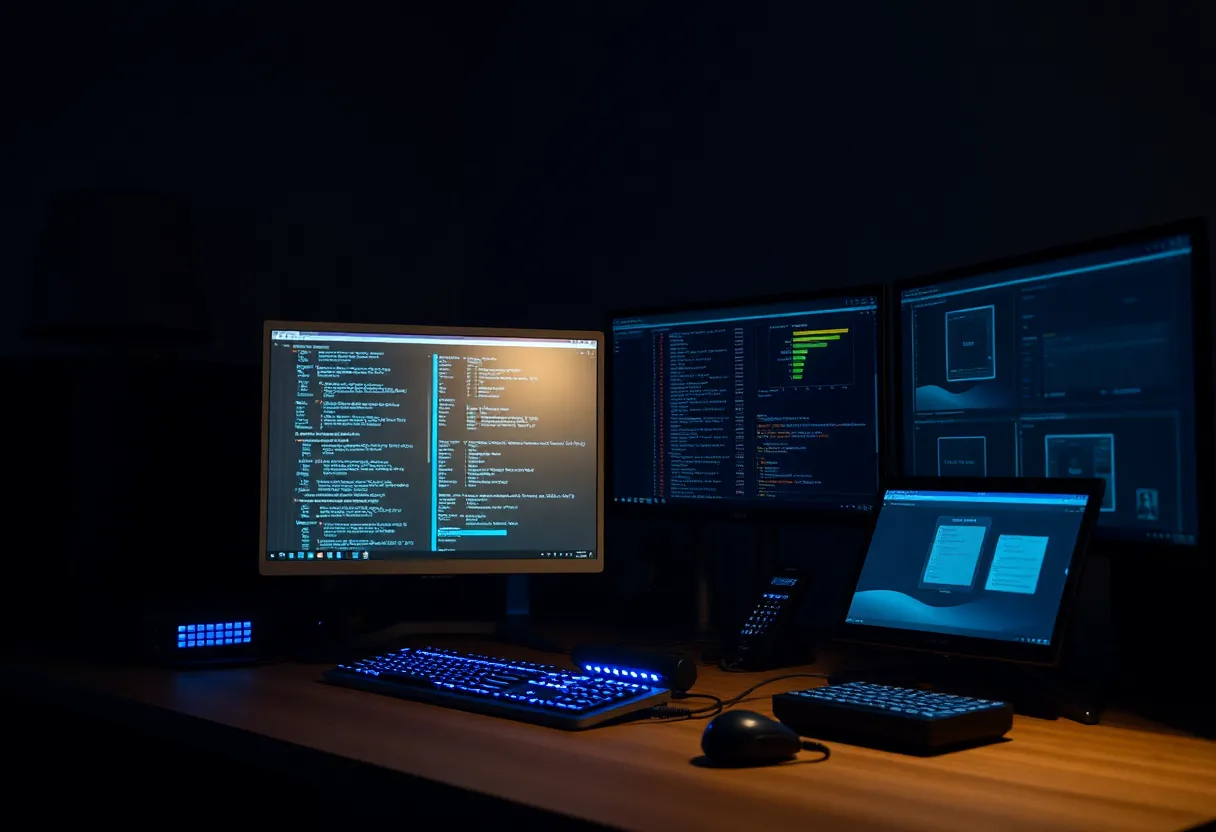 A homelab desk at night with monitors and a phone receiving an alert