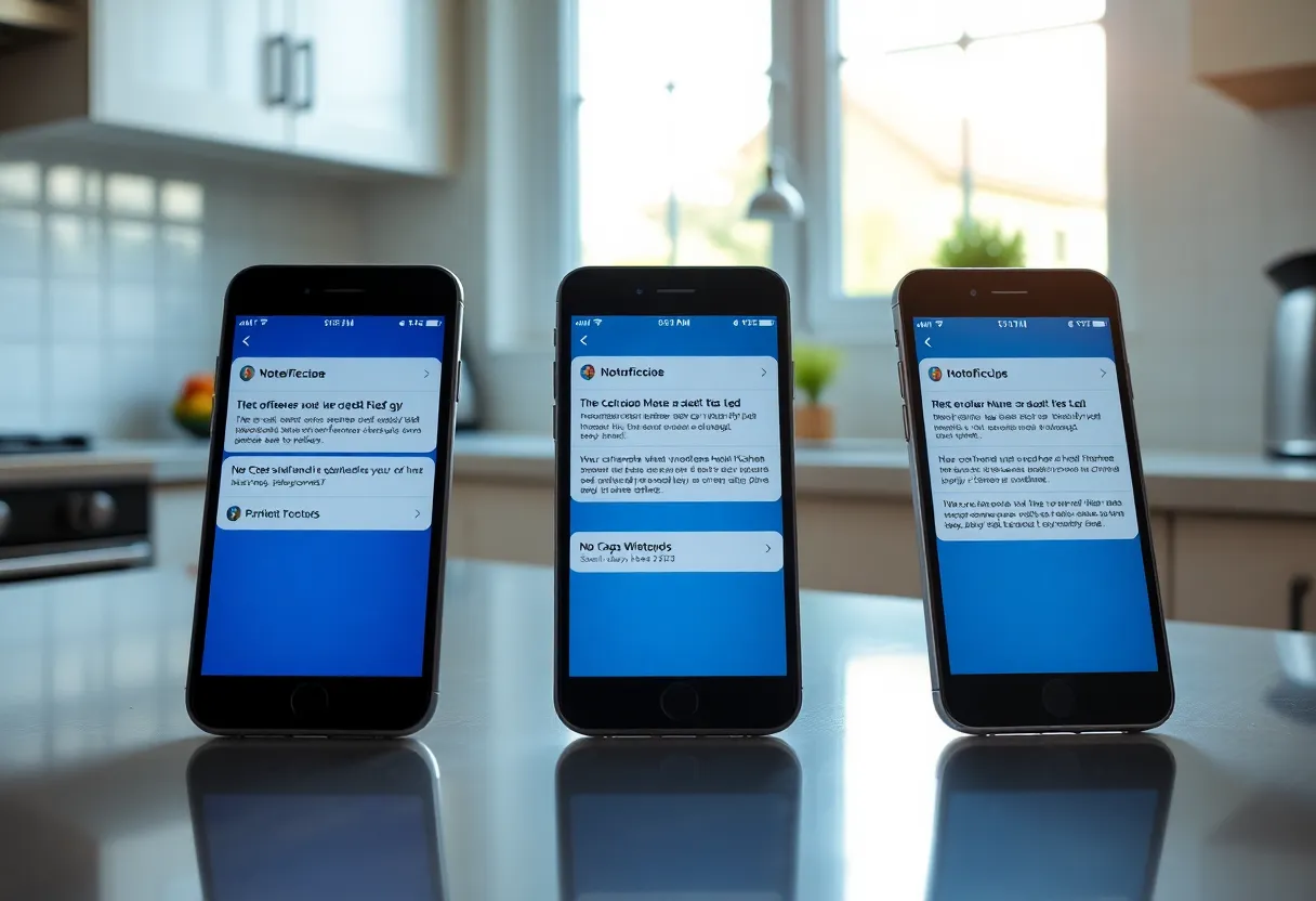 Three phones on a counter showing different notification styles