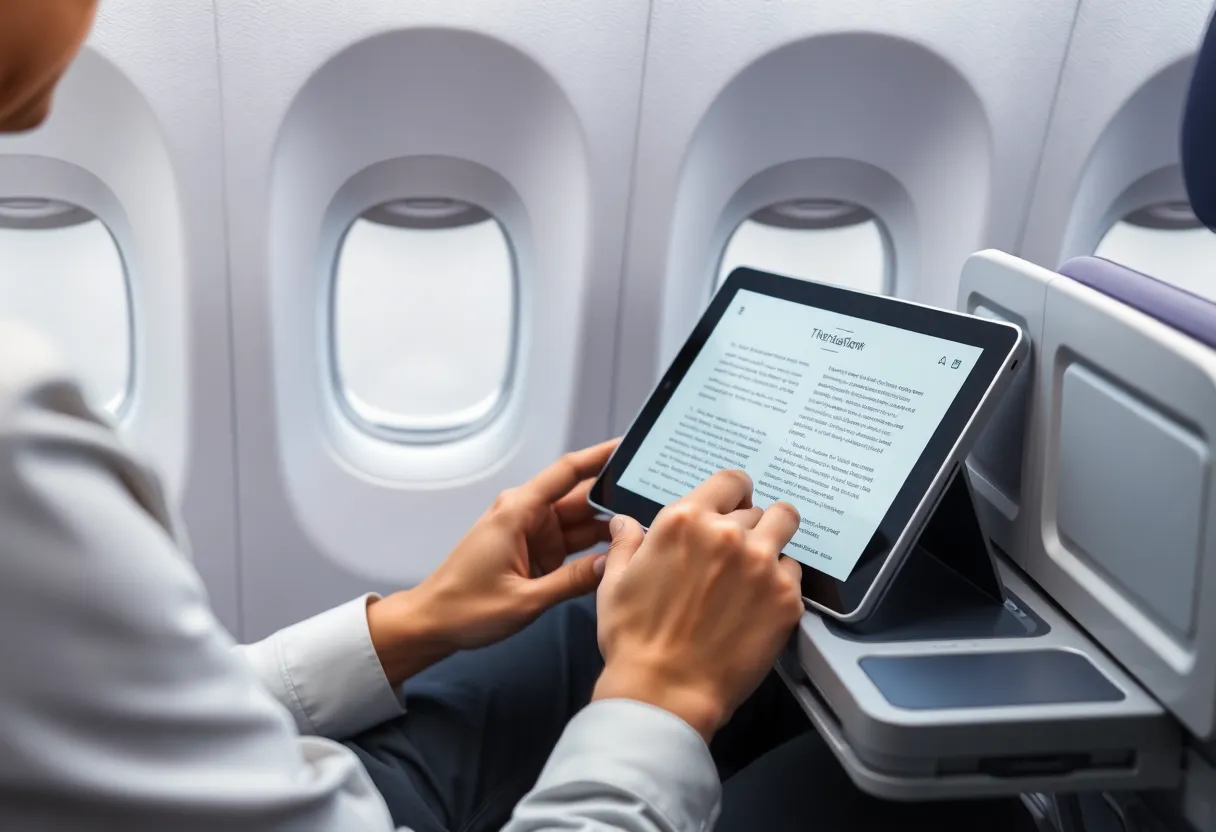 Person reading an e-ink tablet on an airplane tray table