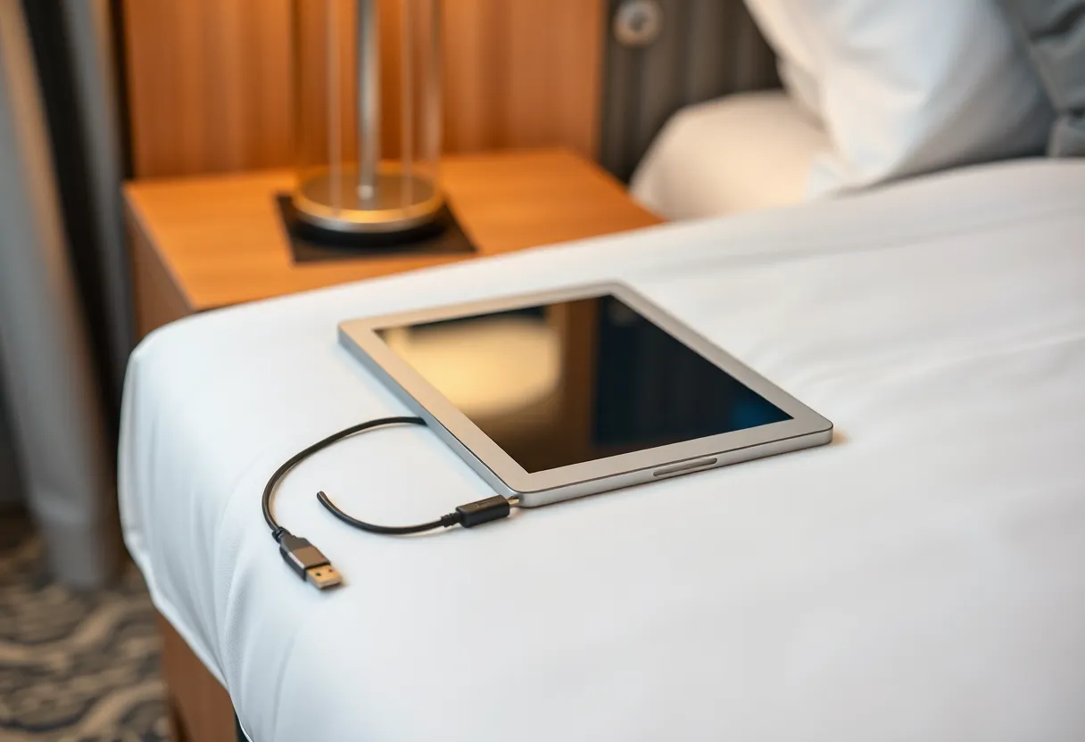 E-ink tablet and USB cable on a hotel nightstand