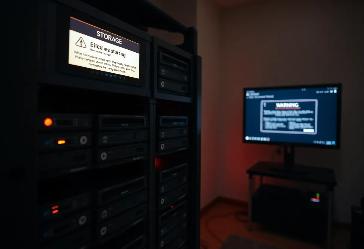 A homelab NAS with full drive bays and a storage warning on the monitor