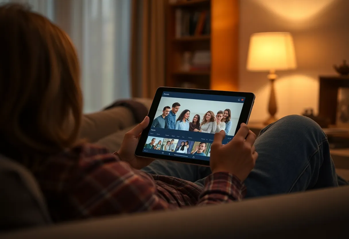Someone browsing a family photo timeline on a tablet in the evening