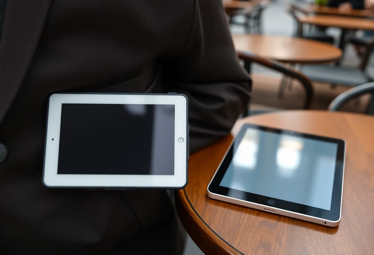 Small e-ink tablet in a jacket pocket beside a larger tablet on a cafe table