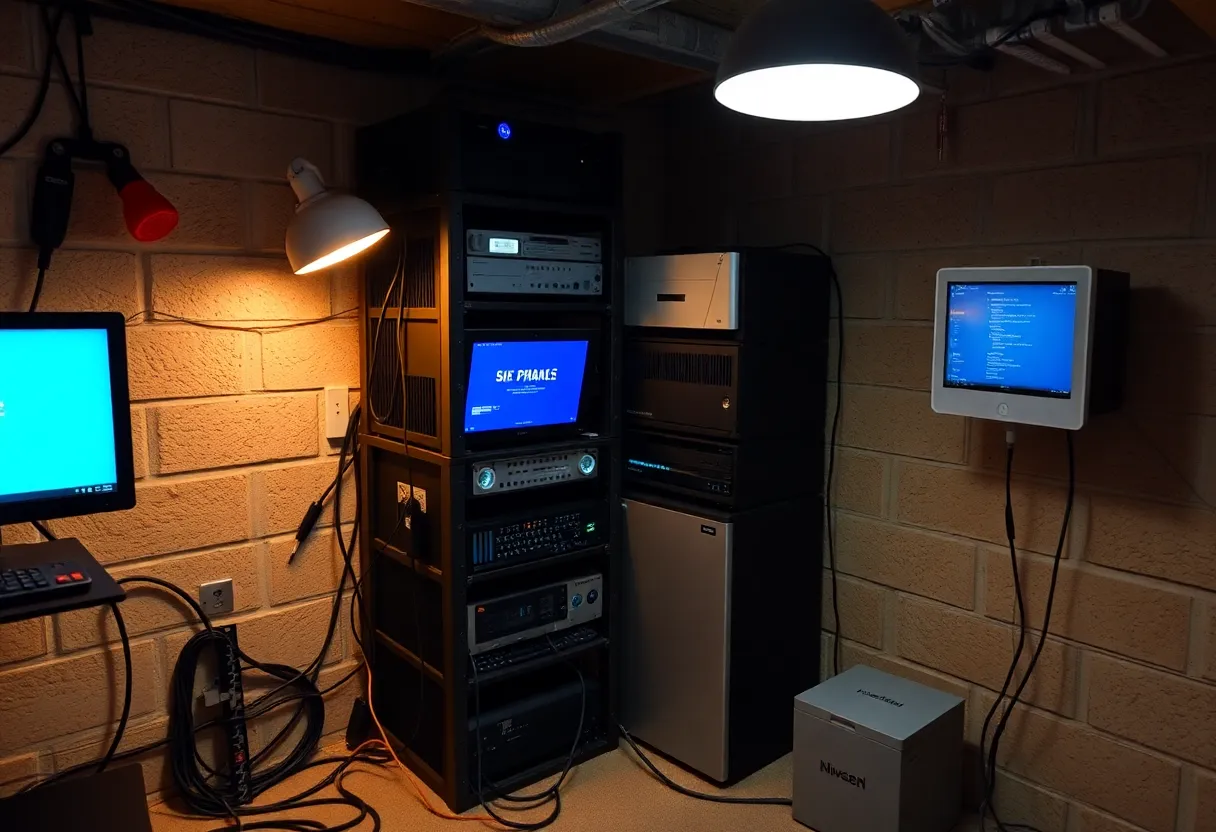 Basement homelab rack with mixed mini PCs and loosely dressed cables