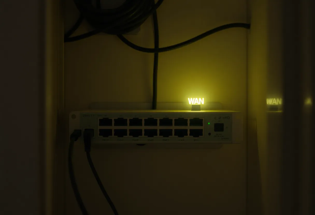 Apartment network closet with a small switch and one WAN light on