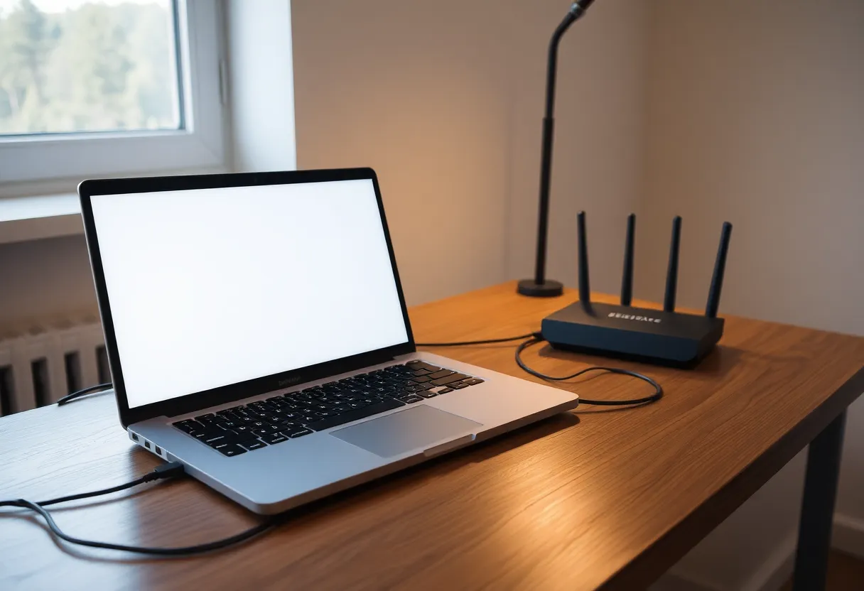 Laptop and a home router on a desk, network cables, daylight