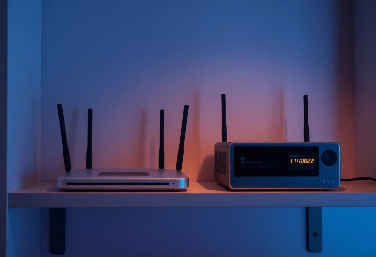 Two home routers and a small VPS-style box, evening