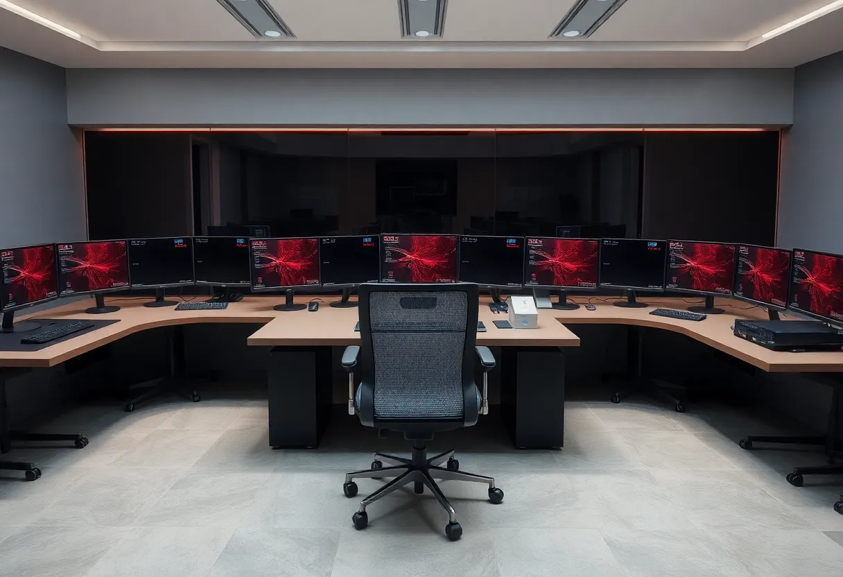 Wide desk with many monitors and a turning office chair