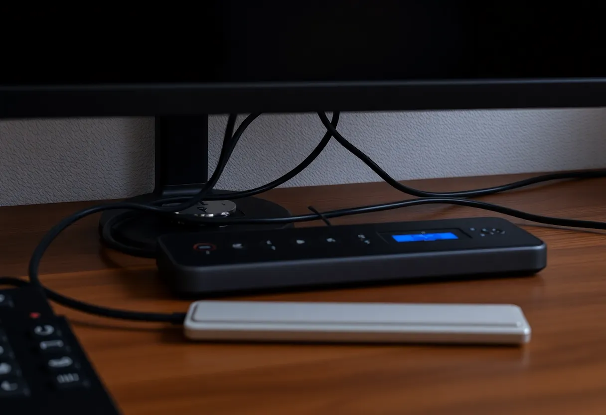 Power strip and extra monitor cables behind a desk
