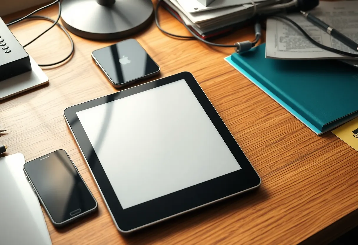 E-ink tablet running a notes app beside a phone, desk clutter