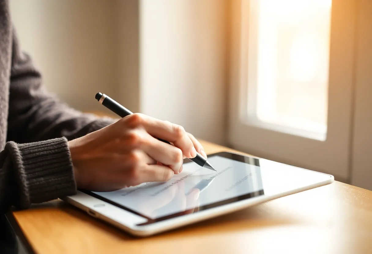 Person writing on an e-ink tablet, phone face down, window light