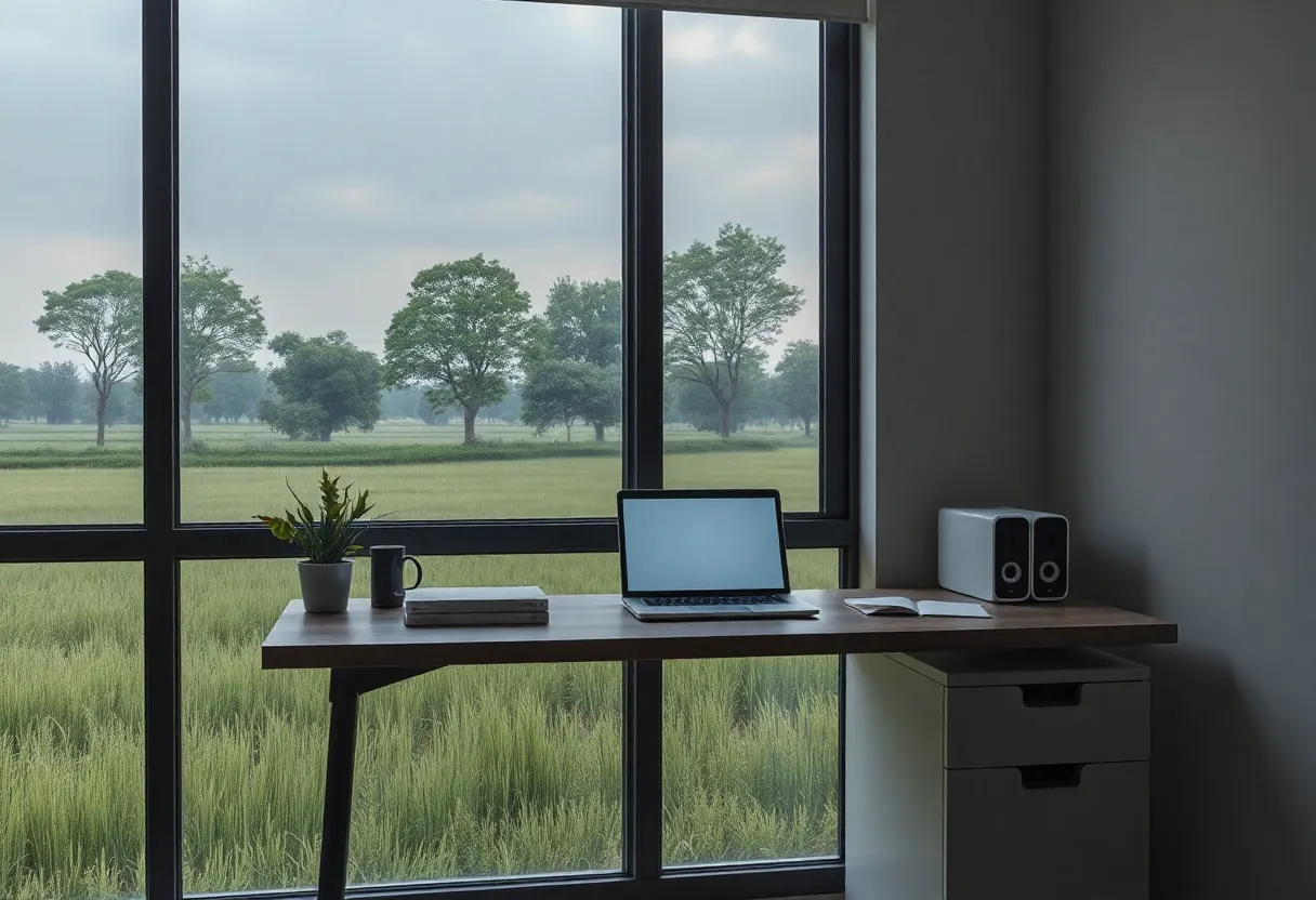 Rural homelab desk with a terminal and a satellite dish outside
