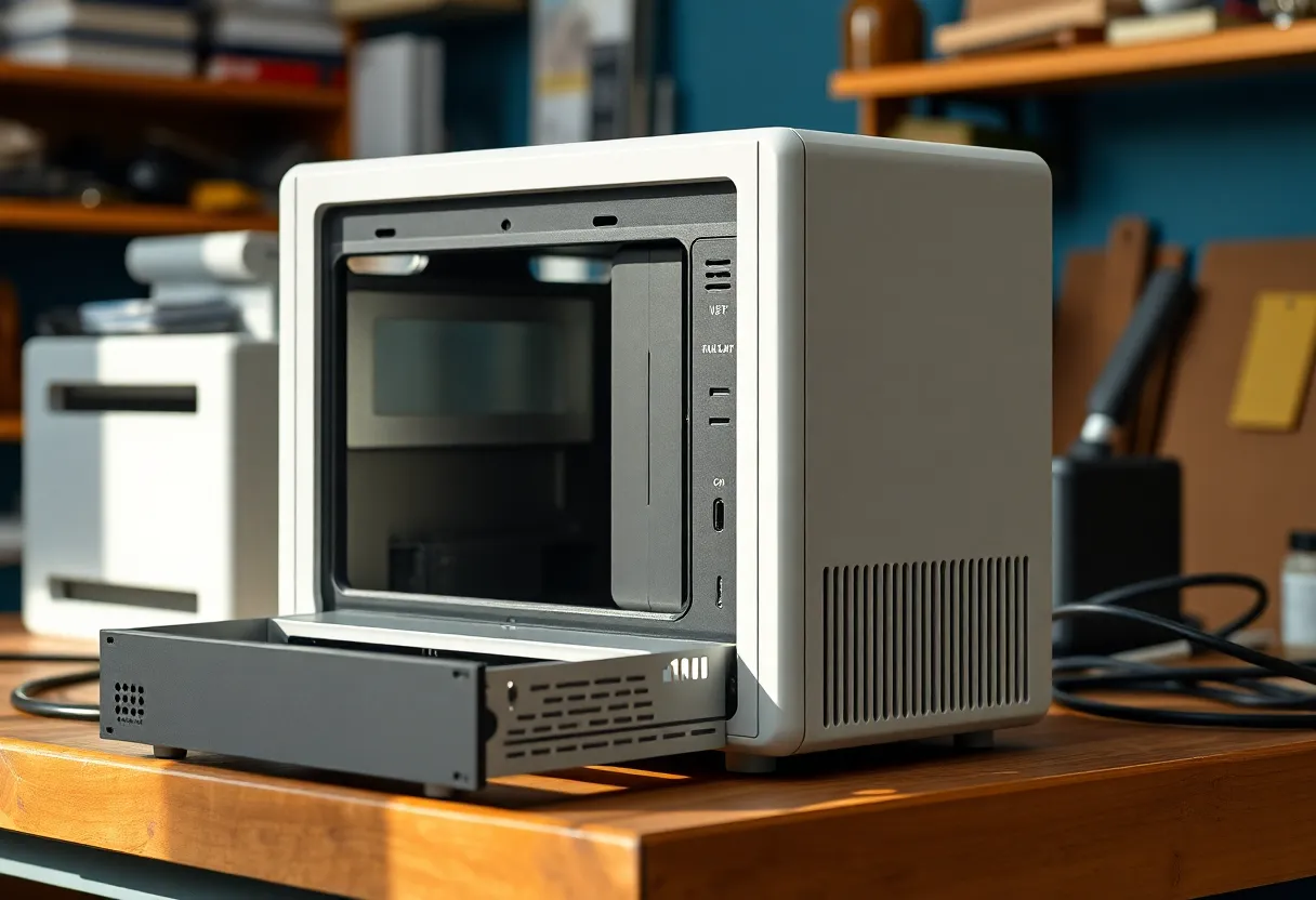Used mini PC with drive bays open on a workbench