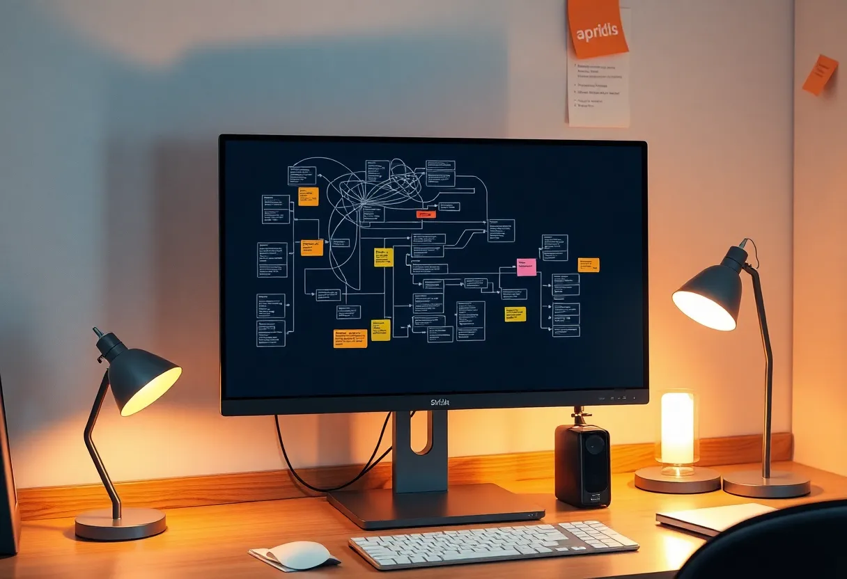 Messy workflow canvas on a monitor, sticky notes, late office
