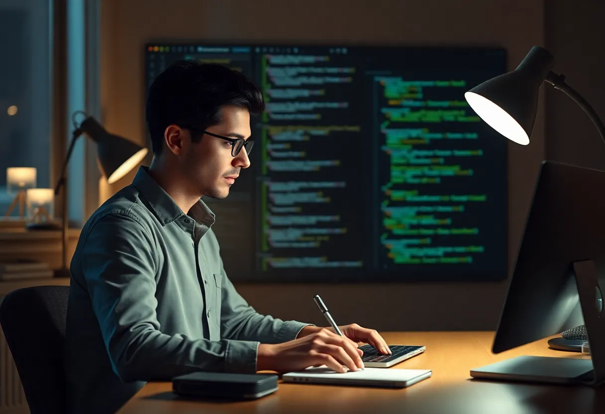 Person at a desk rewriting a workflow as a script, evening