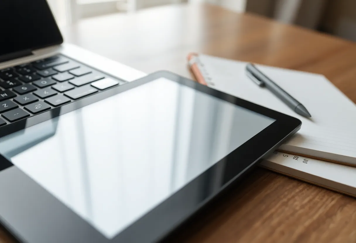 E-ink tablet beside a laptop with a notes vault open, daylight desk