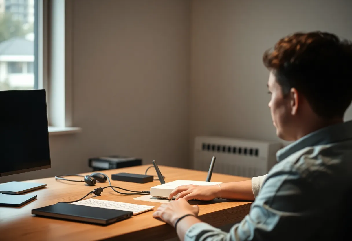 Person flashing a router on a desk, ethernet cables, daylight