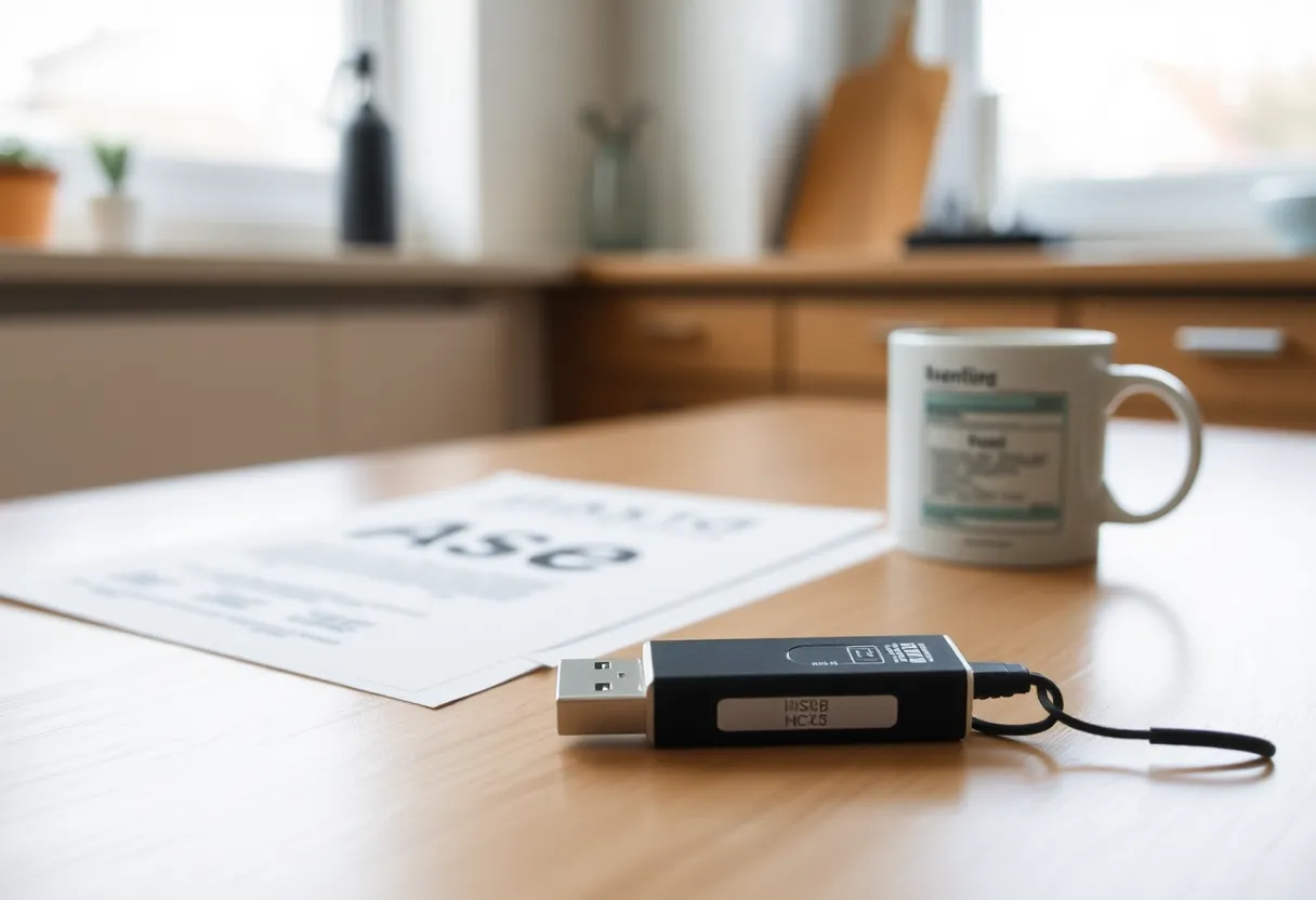 Printed one-pager and a labeled USB key on a kitchen table