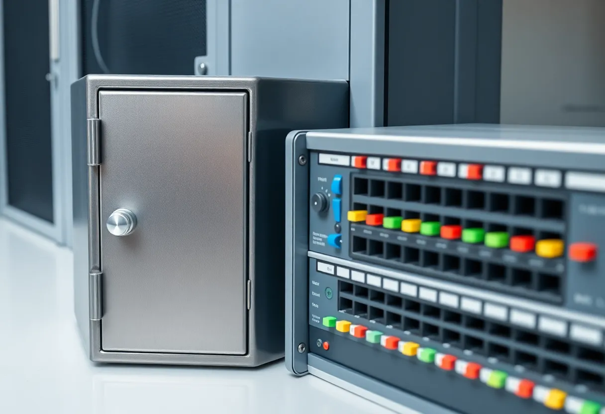Small lockbox and labeled tape on network switch ports
