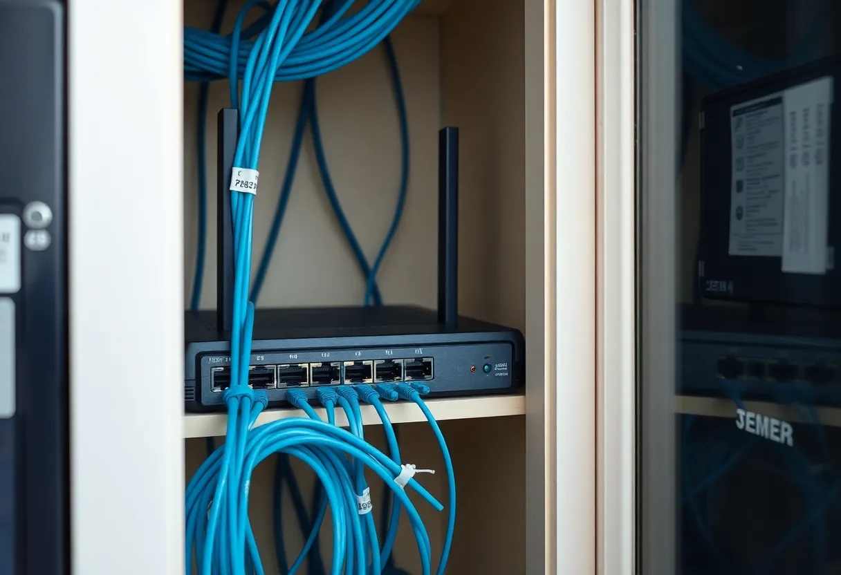 Home network closet with a consumer router and labeled cables
