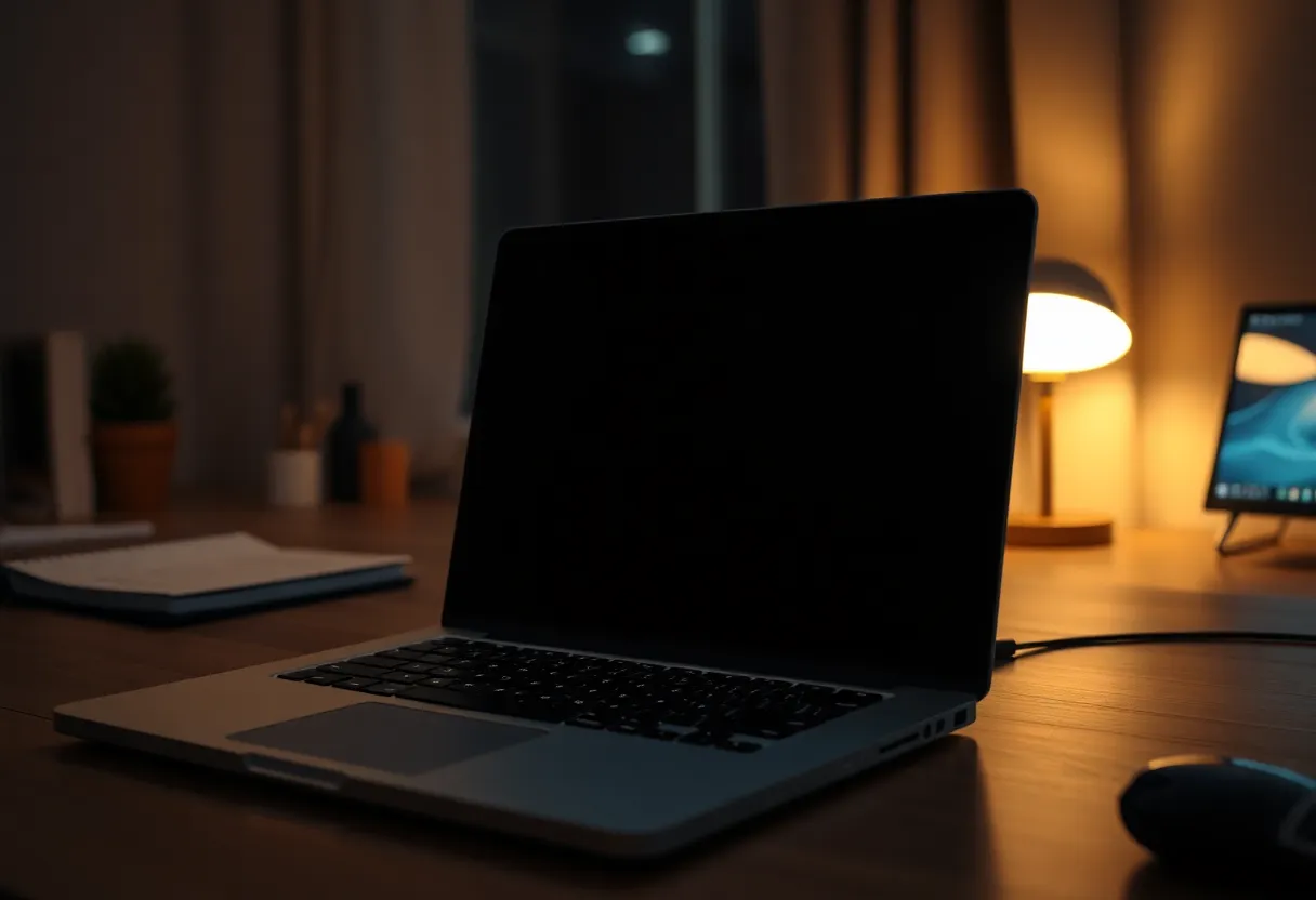 Laptop showing a dark terminal in a home office at night