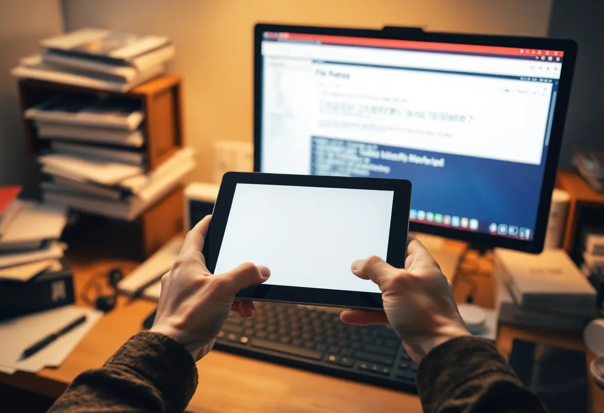 Handwritten e-ink page next to a computer showing a broken note file