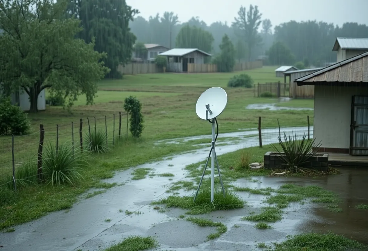 Rural yard with a satellite dish in wet weather