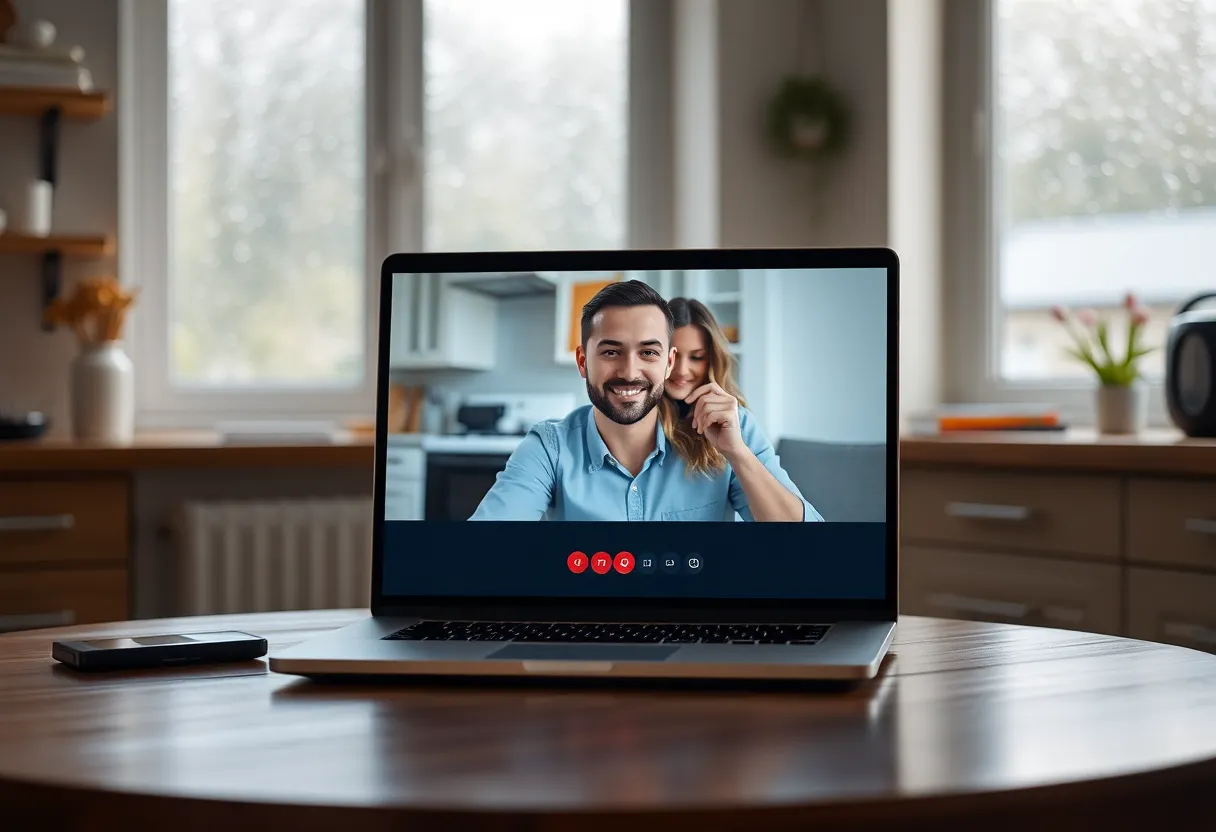 Laptop on a kitchen table during a video call, rain on the window