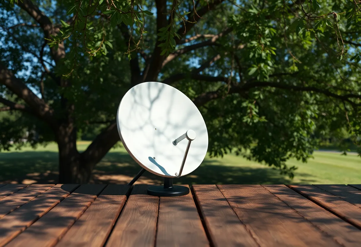 Small satellite dish on a table near tree branches