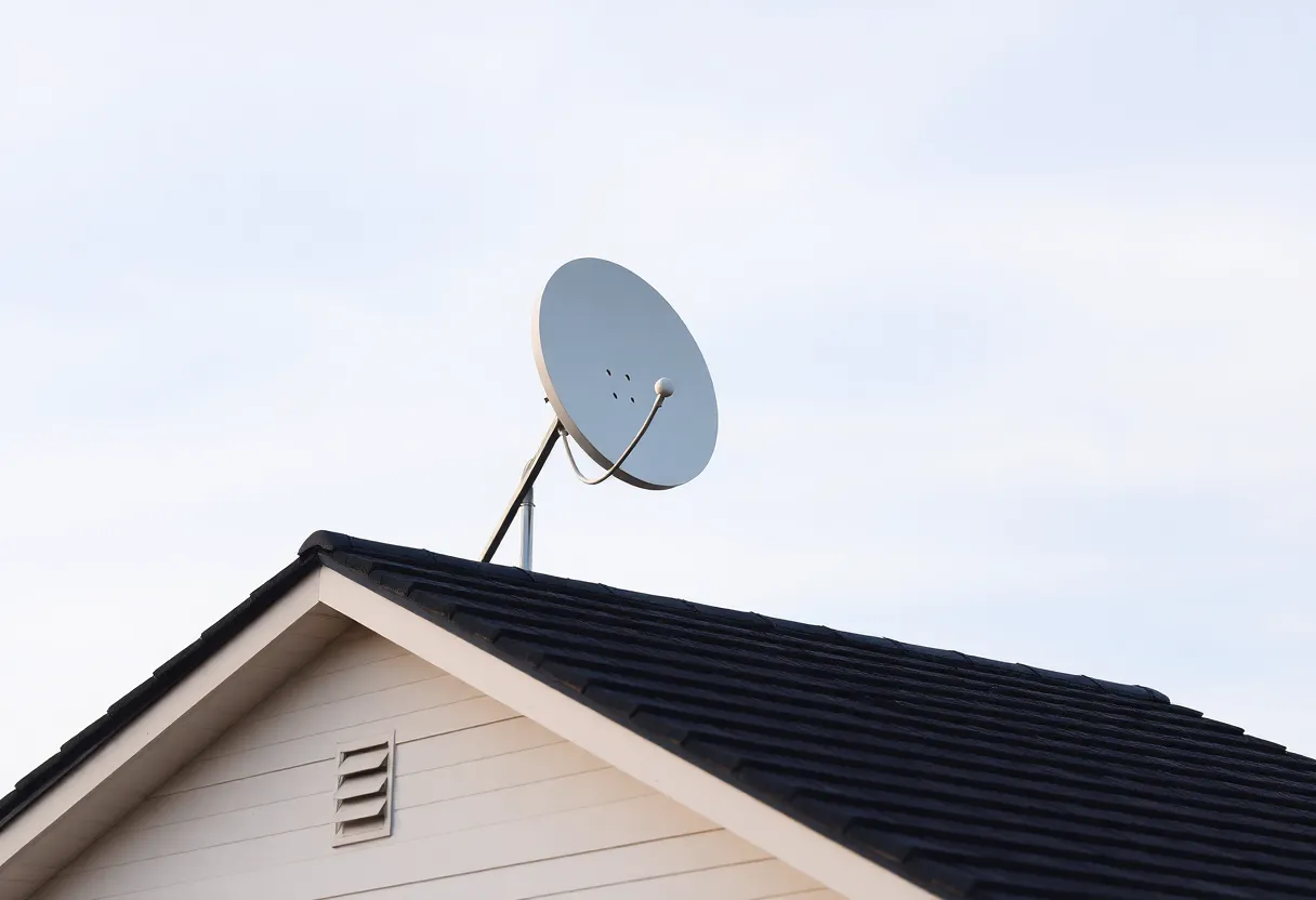 Taller pole-mounted satellite dish above a roofline