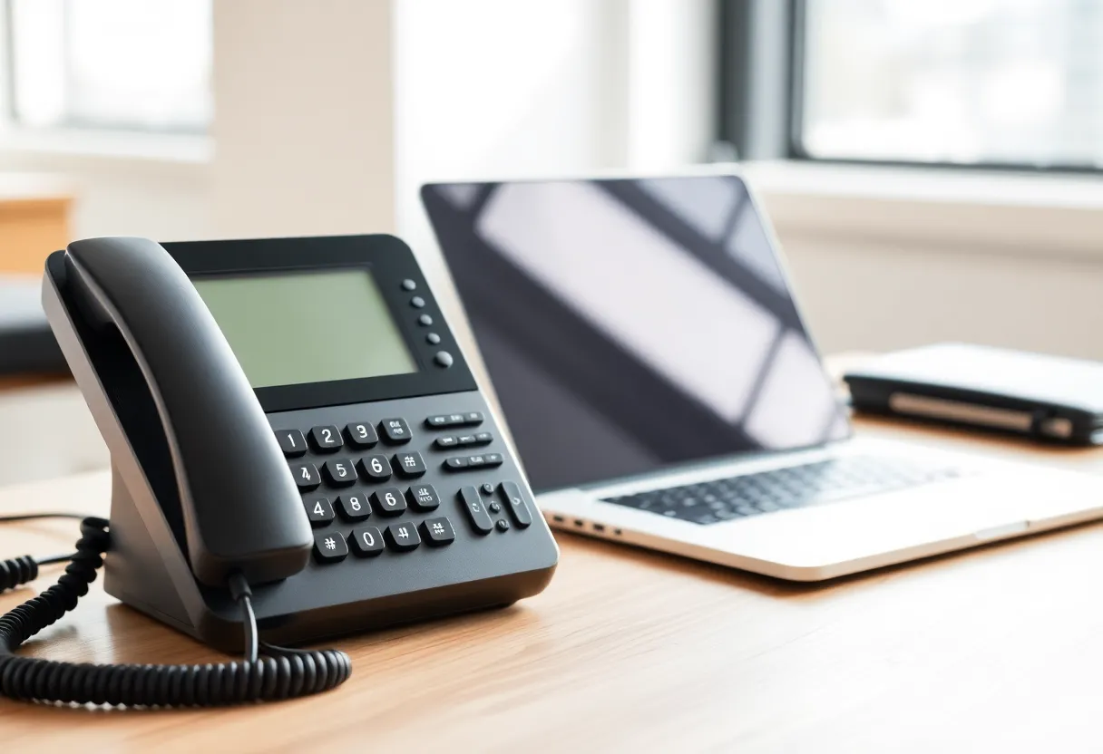 Office desk phone next to a laptop during an outage