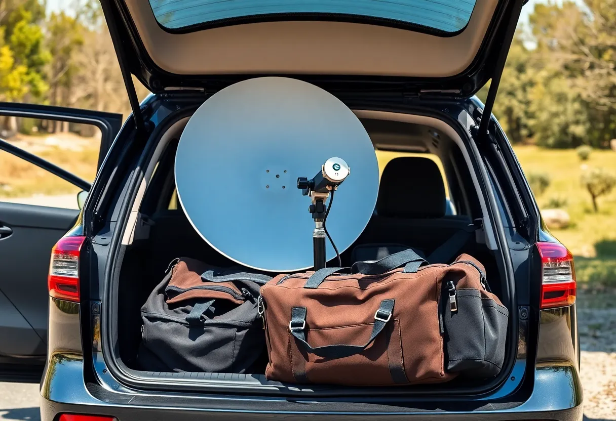Satellite kit packed in a car trunk beside a duffel bag