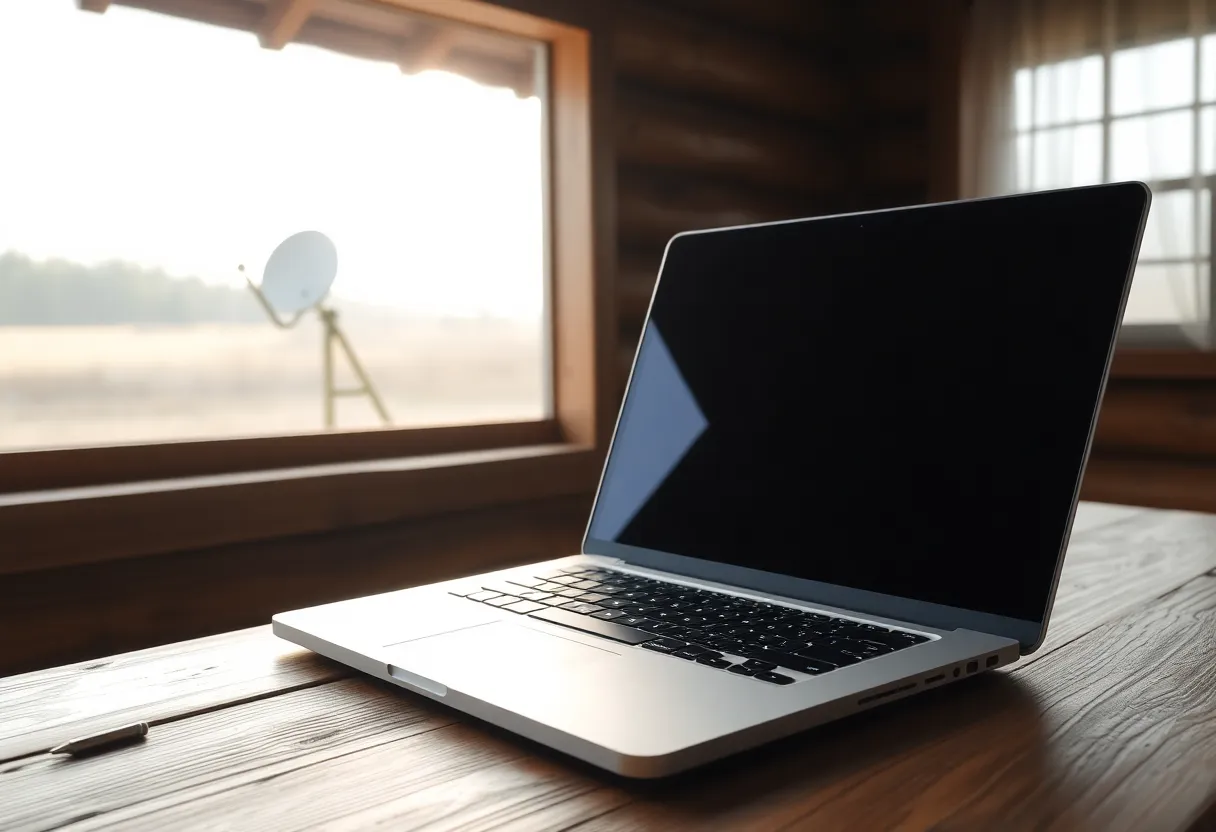 Laptop on a cabin table with a small dish visible through a window
