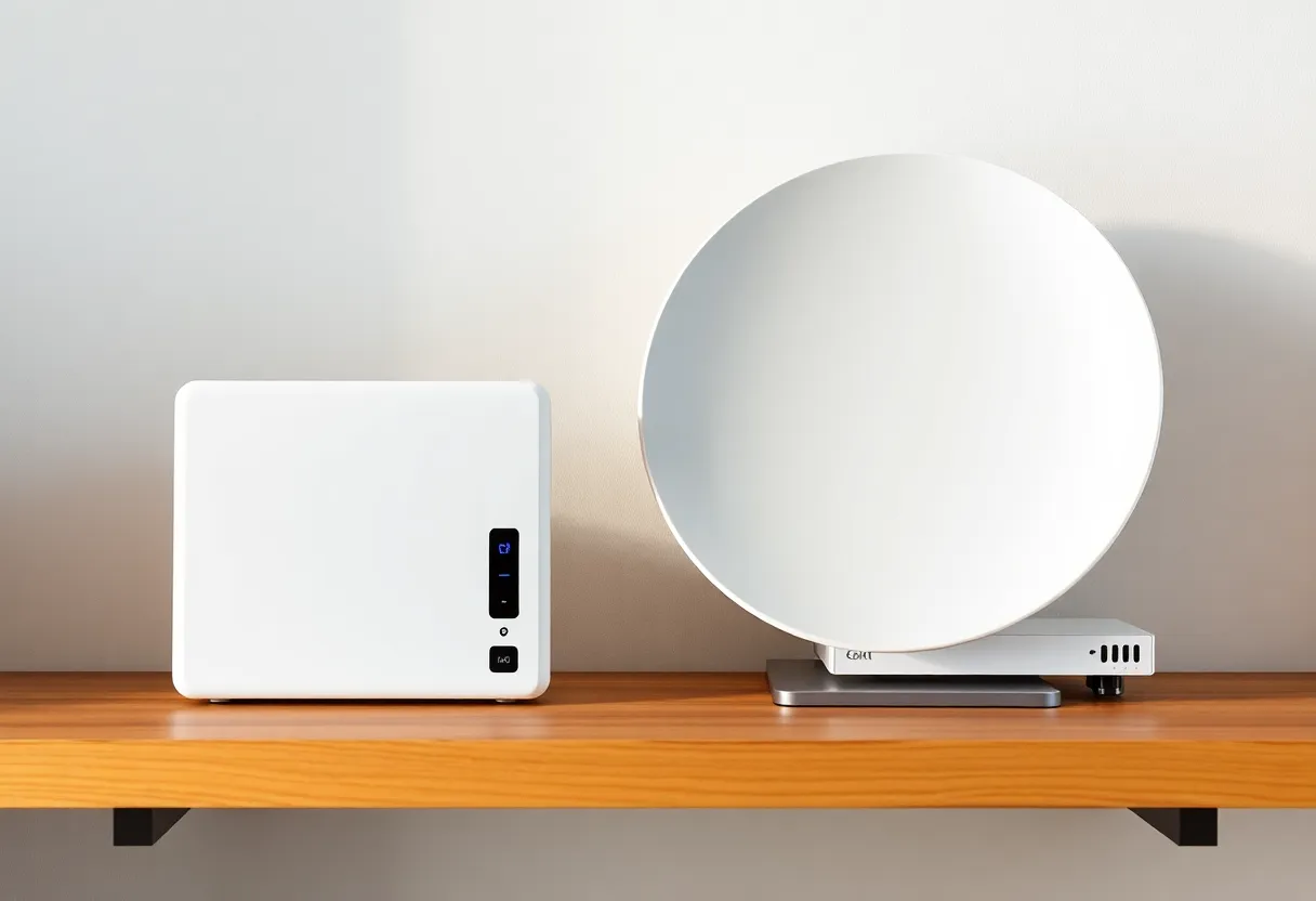 Satellite power brick and a separate home firewall on a shelf