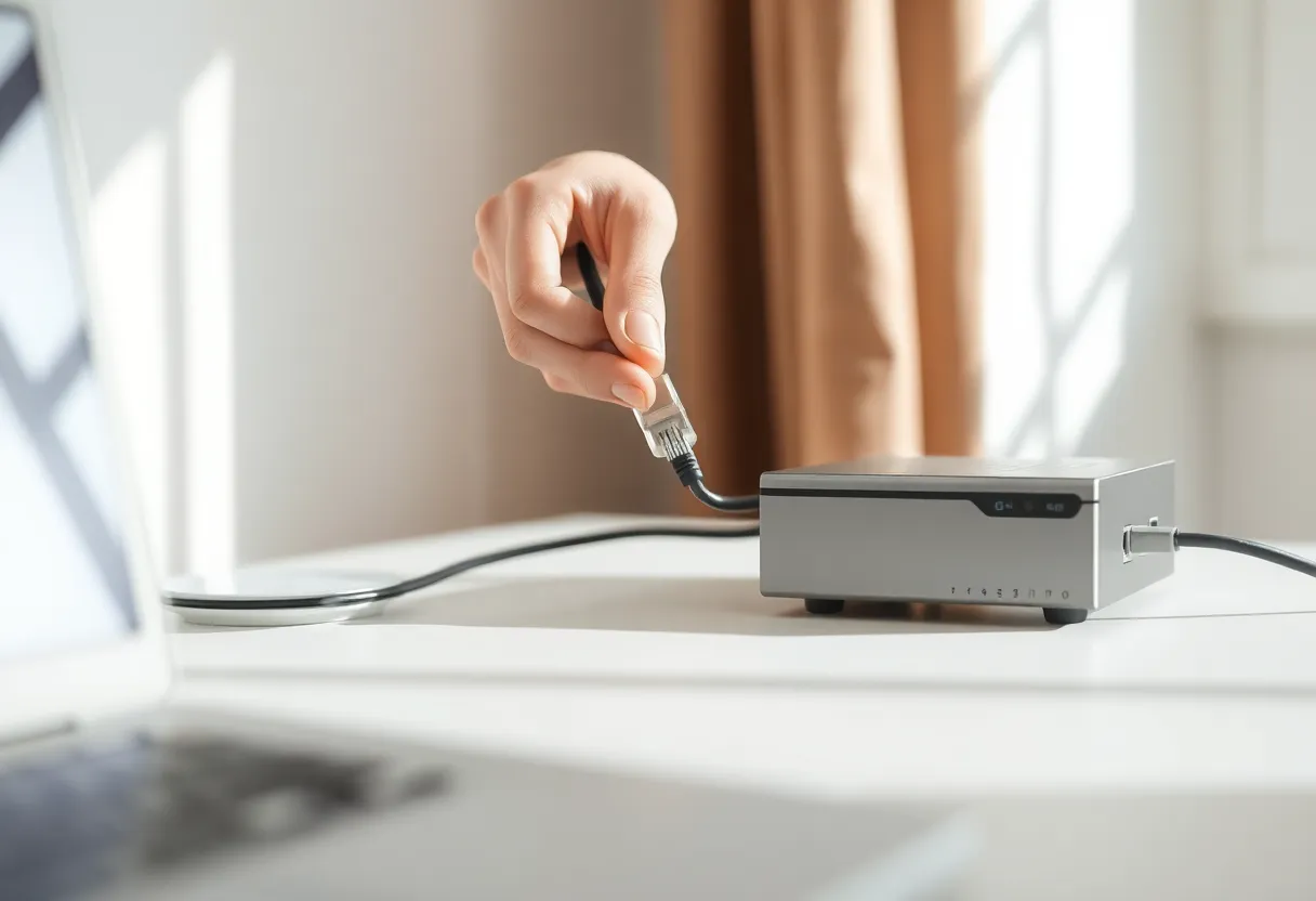 Person plugging an ethernet cable into a home firewall