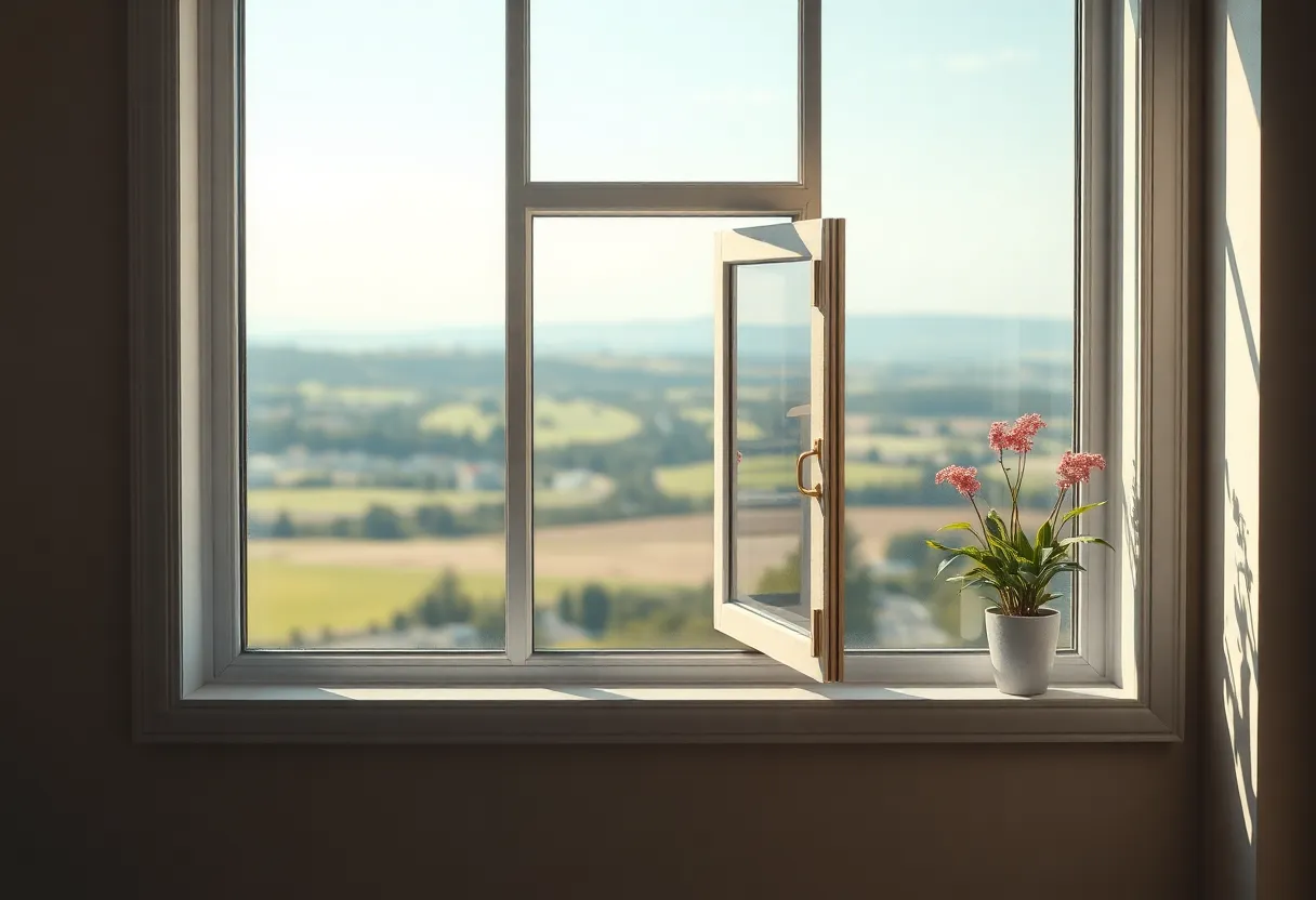 Indoor 5G home gateway on a windowsill facing a distant tower